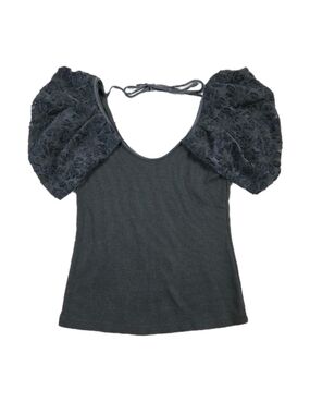 Maeve Anthropologie Top Sz M Black Sheer Burnout Puff Sleeves Ribbed Knit Preppy